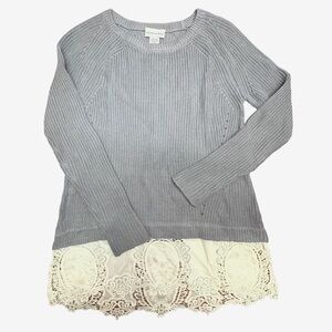 Soft Surroundings Tunic Sweater Embroidered Lace Hem Blue White Coastal Small